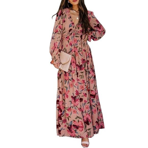 BLENCOT Women’s Casual Boho Deep V Neck Long Sleeve Dress - Picture 1 of 7